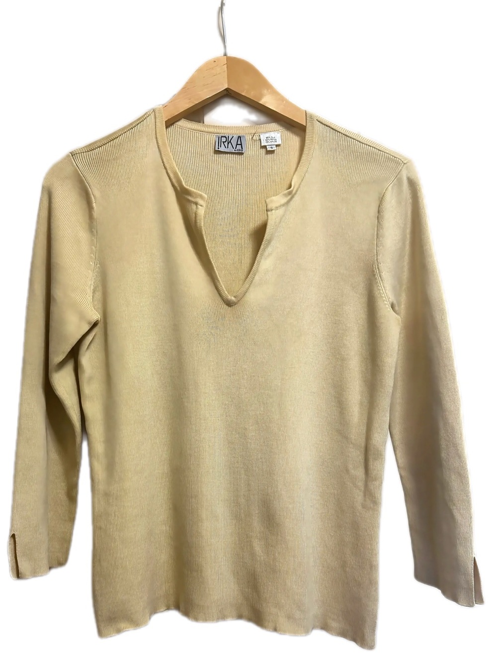 Vintage IRKA Yellow Silk Blend Split V-Neck Knit Sweater Top Small S